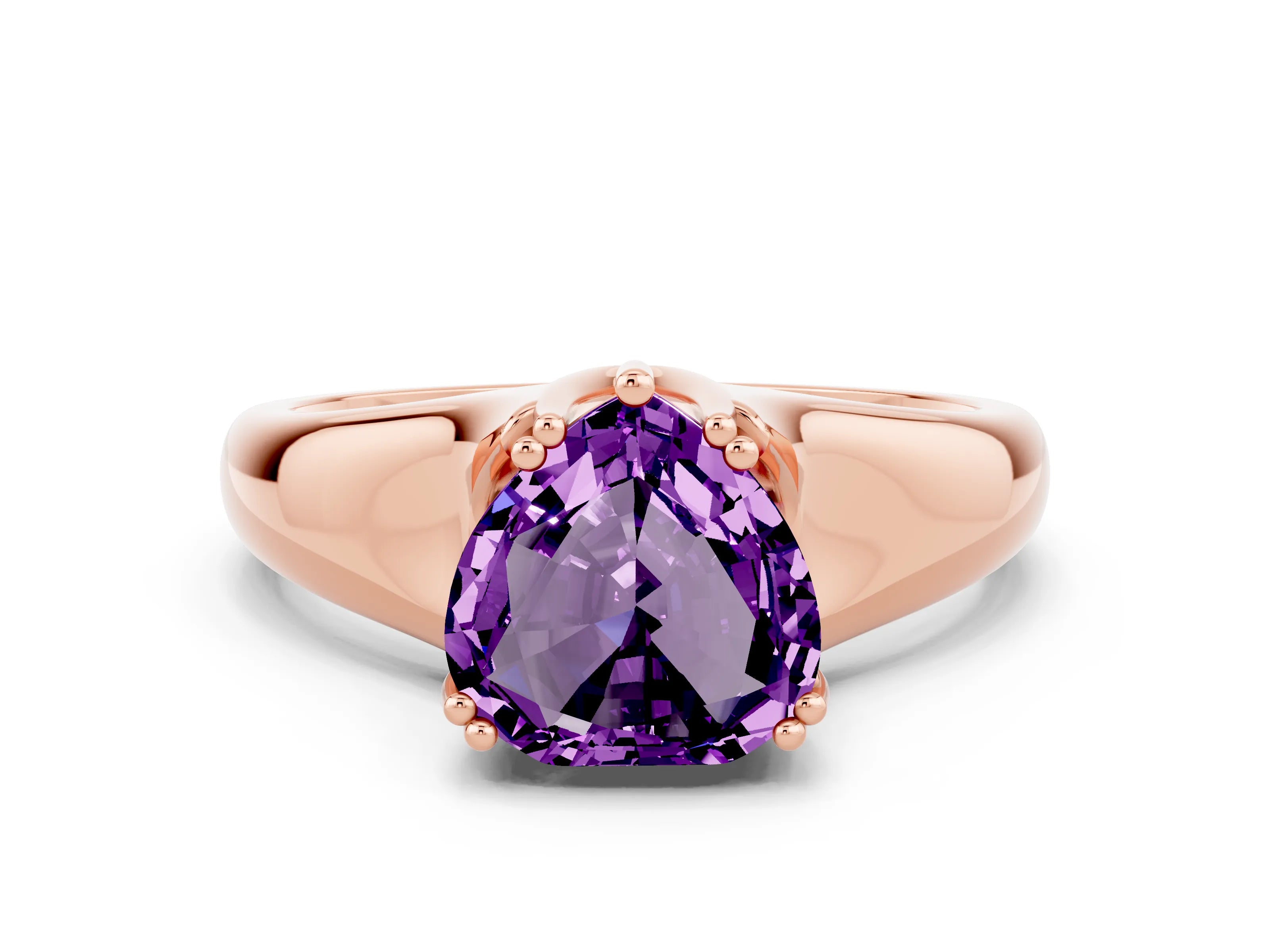 Rose gold Heart Cut Amethyst Solitaire Ring with Wide Band and Prong Setting