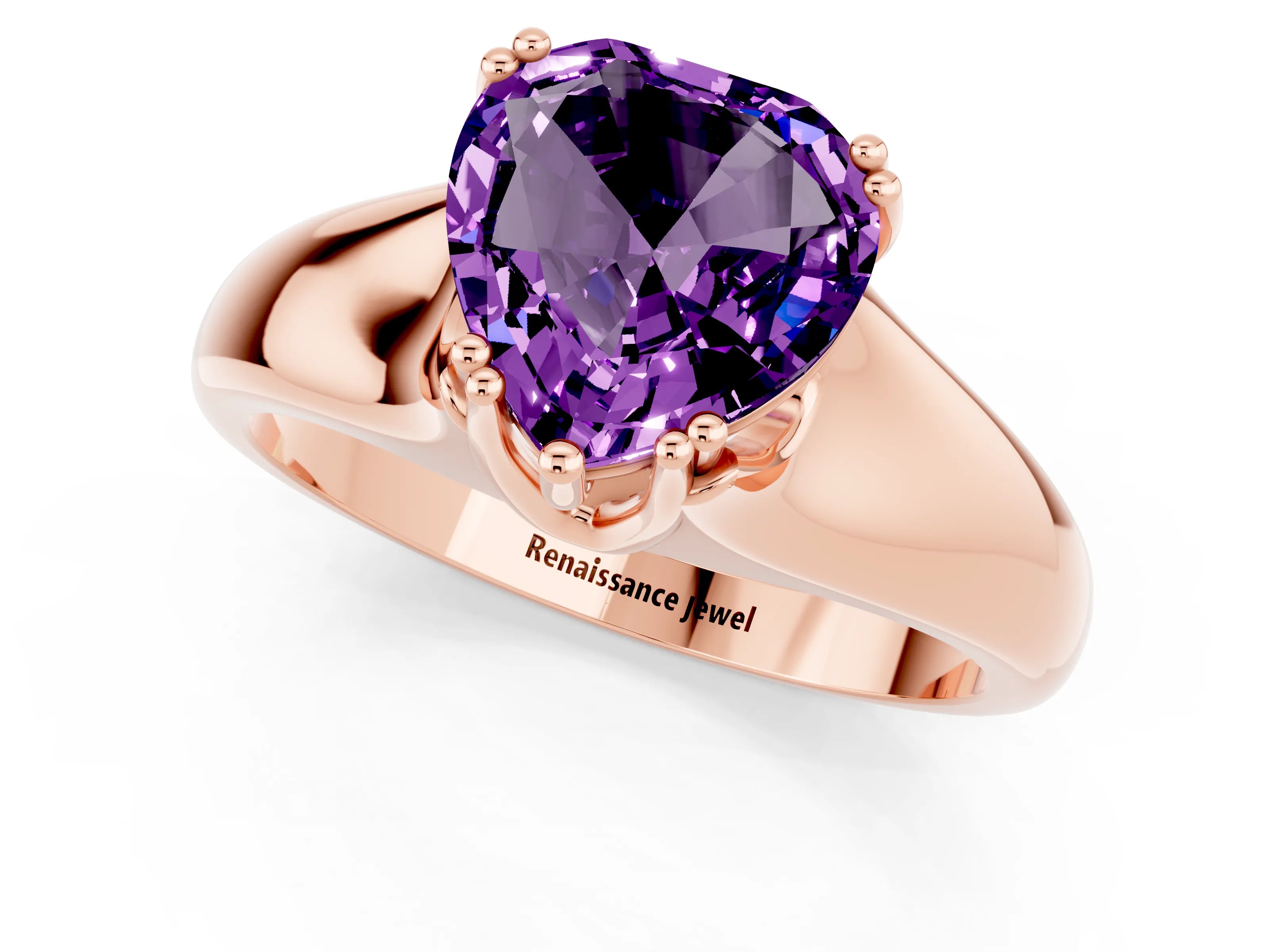 Rose gold Heart Cut Amethyst Solitaire Ring with Wide Band and Prong Setting_1