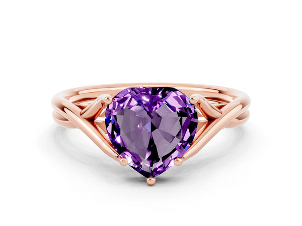 Rose gold Heart Cut Amethyst Solitaire Twist Band Prong Setting Ring