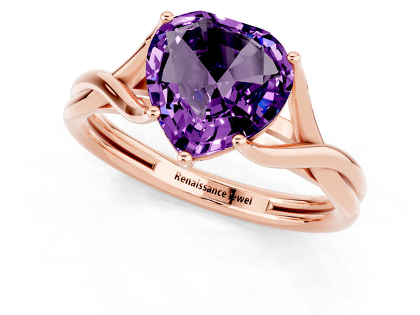 Rose gold Heart Cut Amethyst Solitaire Twist Band Prong Setting Ring