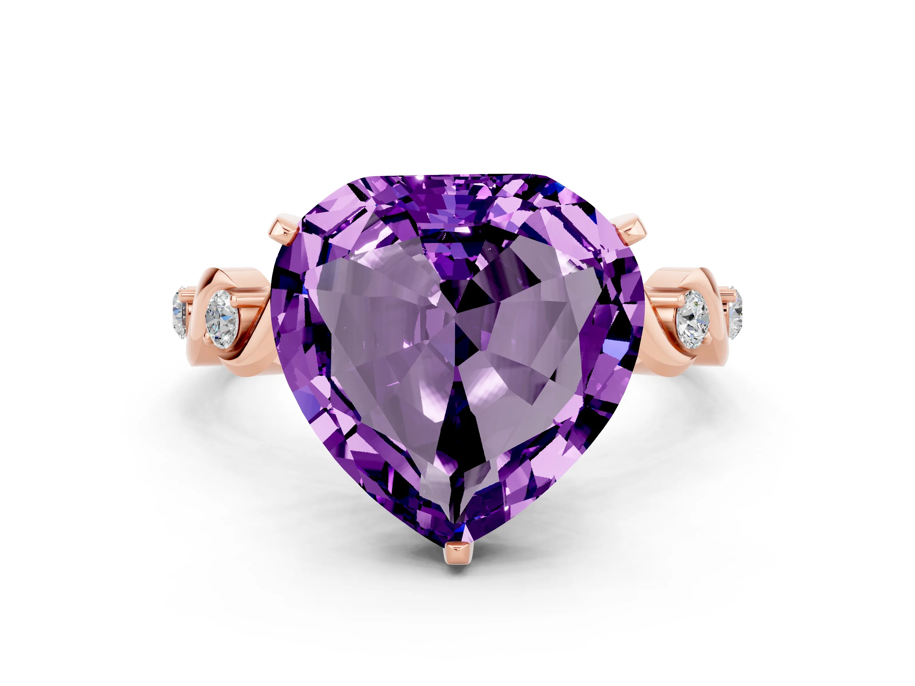 Rose gold Heart Cut Amethyst Solitaire Twisted Band with Round  Accents and Prong Setting_12