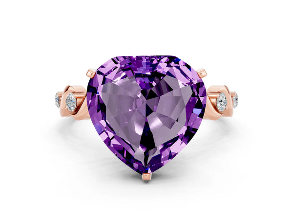 Rose gold Heart Cut Amethyst Solitaire Twisted Band with Round  Accents and Prong Setting