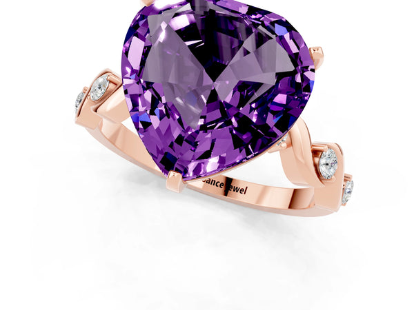 Rose gold Heart Cut Amethyst Solitaire Twisted Band with Round  Accents and Prong Setting