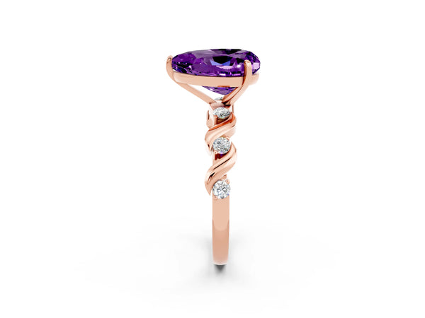 Rose gold Heart Cut Amethyst Solitaire Twisted Band with Round  Accents and Prong Setting