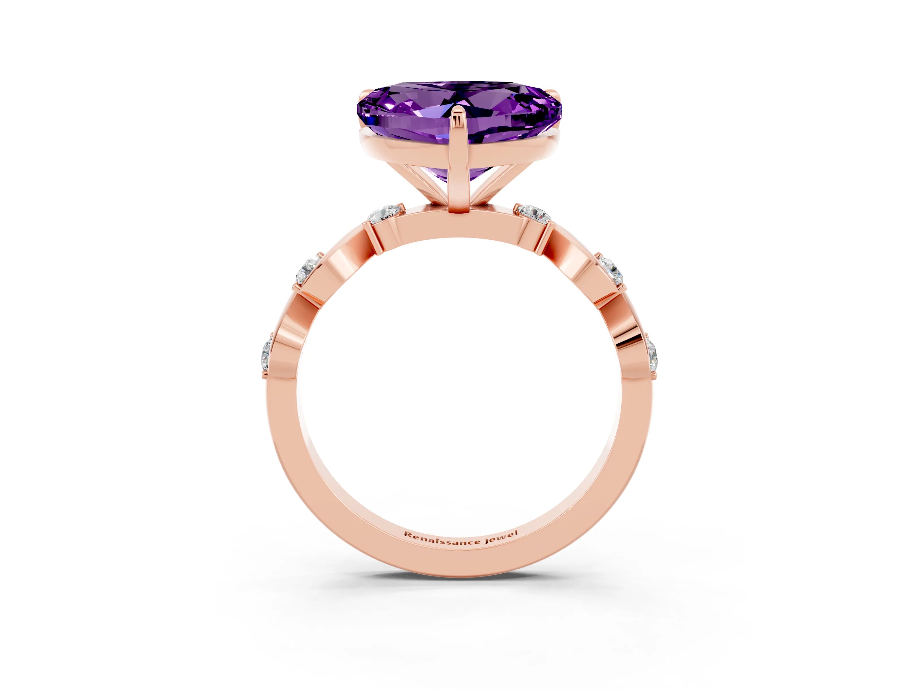 Rose gold Heart Cut Amethyst Solitaire Twisted Band with Round  Accents and Prong Setting_15