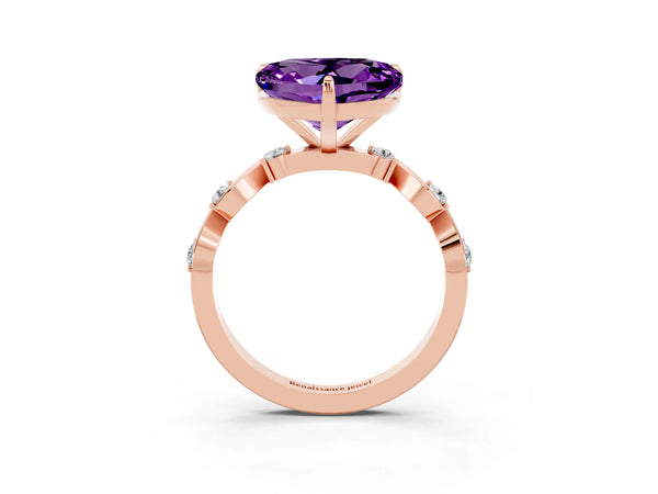 Rose gold Heart Cut Amethyst Solitaire Twisted Band with Round  Accents and Prong Setting