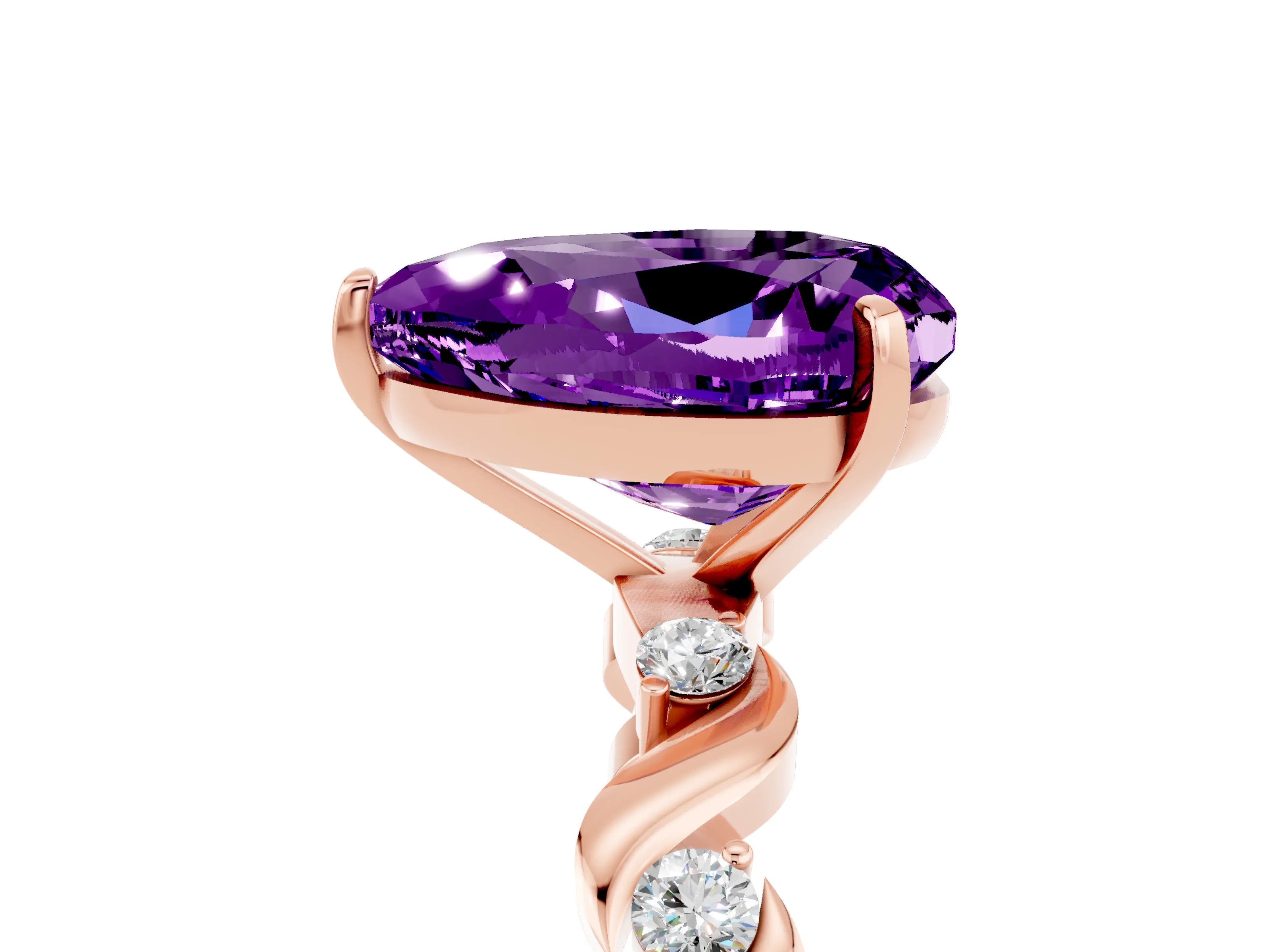 Rose gold Heart Cut Amethyst Solitaire Twisted Band with Round  Accents and Prong Setting_17