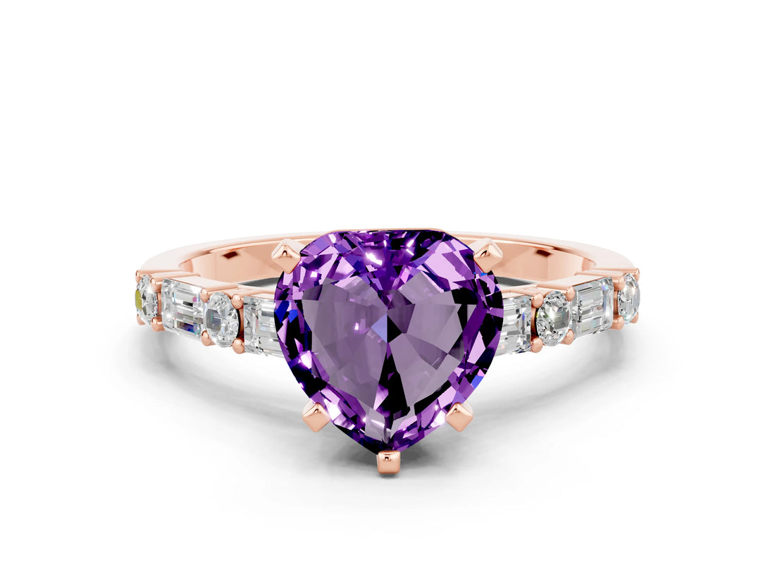 Rose gold Heart Cut Amethyst Solitaire with Side Baguettes and Channel Set Band