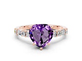 Rose gold Heart Cut Amethyst Solitaire with Side Baguettes and Channel Set Band