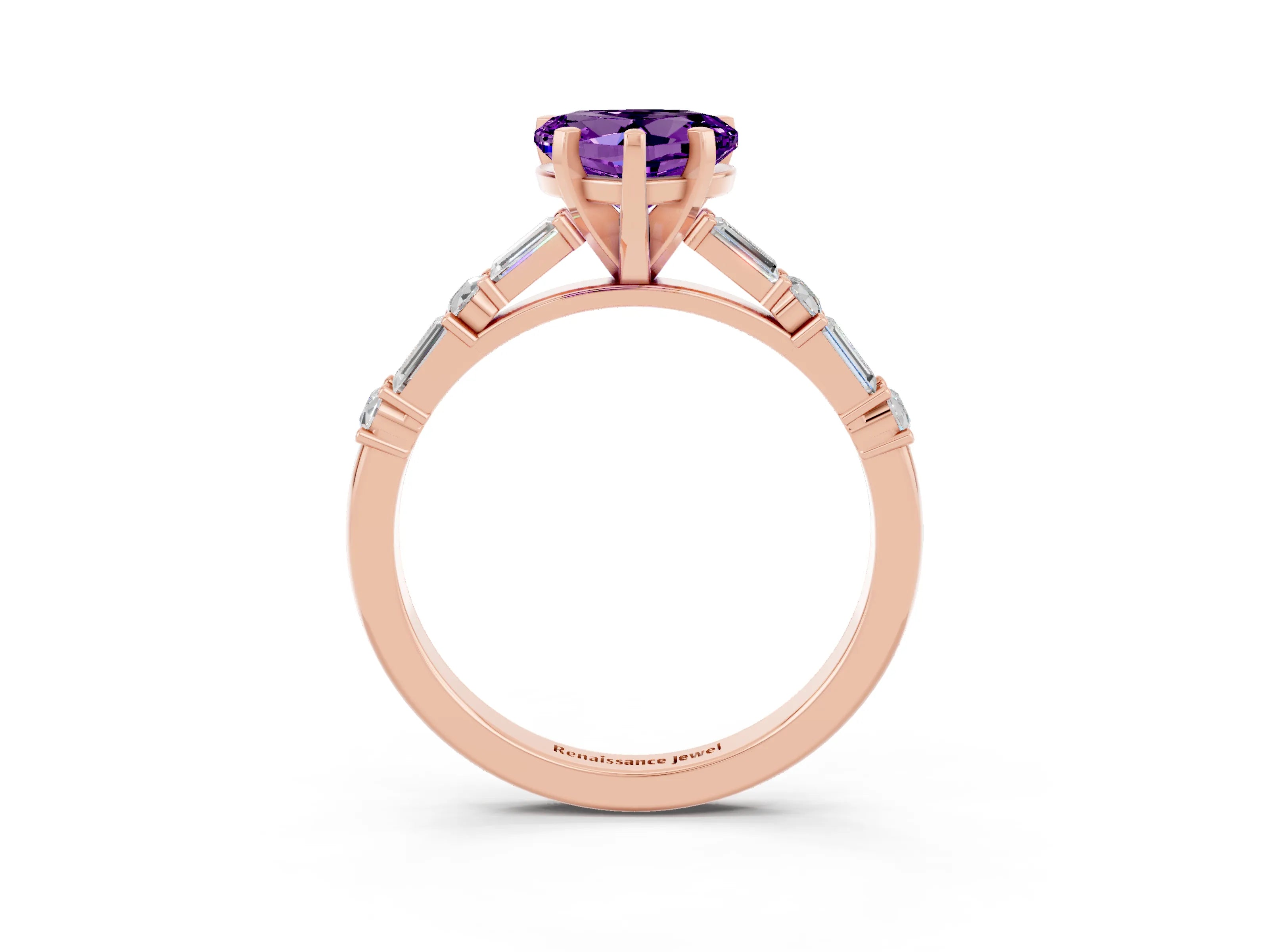 Rose gold Heart Cut Amethyst Solitaire with Side Baguettes and Channel Set Band_3