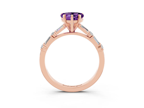 Rose gold Heart Cut Amethyst Solitaire with Side Baguettes and Channel Set Band