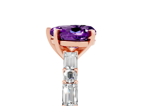 Rose gold Heart Cut Amethyst Solitaire with Side Baguettes and Channel Set Band_5