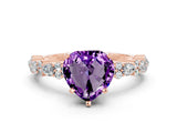 Rose gold Heart Cut Amethyst Solitaire with Side Stones, Pave Band, Four-Prong Setting_36