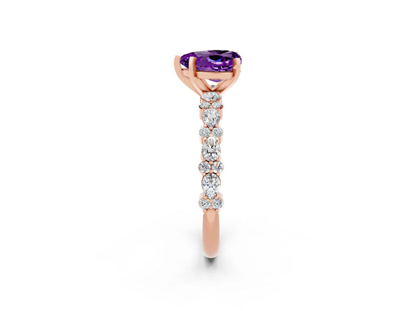 Rose gold Heart Cut Amethyst Side Stone Solitaire Ring with Round  and Four-Prong Setting