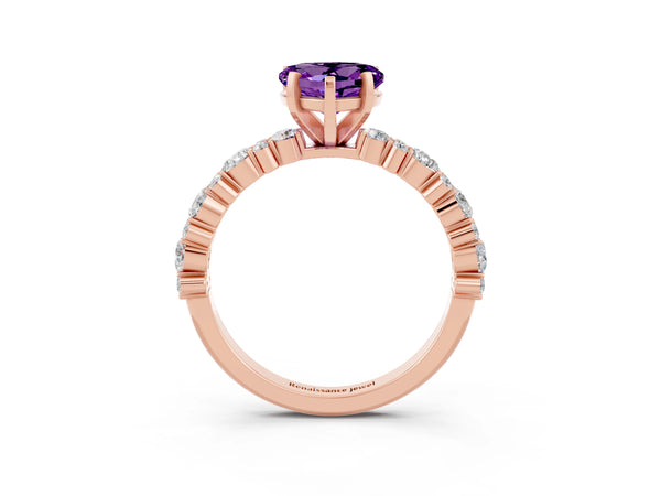 Rose gold Heart Cut Amethyst Side Stone Solitaire Ring with Round  and Four-Prong Setting