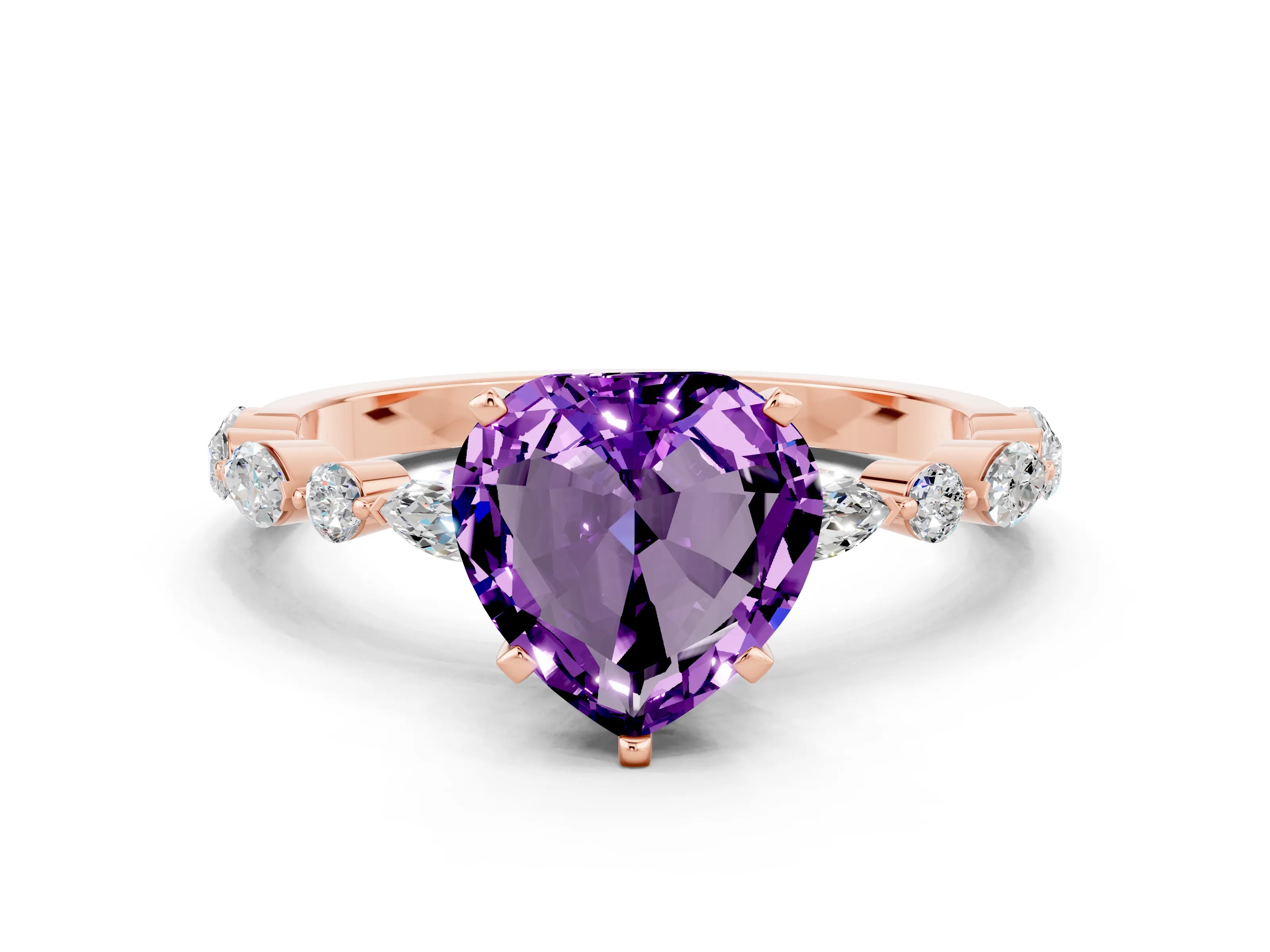 Rose gold Heart Cut Amethyst Solitaire with Side Stones on a Pavé Band and Four-Prong Setting