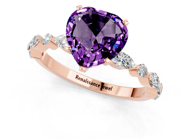 Rose gold Heart Cut Amethyst Ring with Marquise and Round  Side Stones and Four-Prong Setting