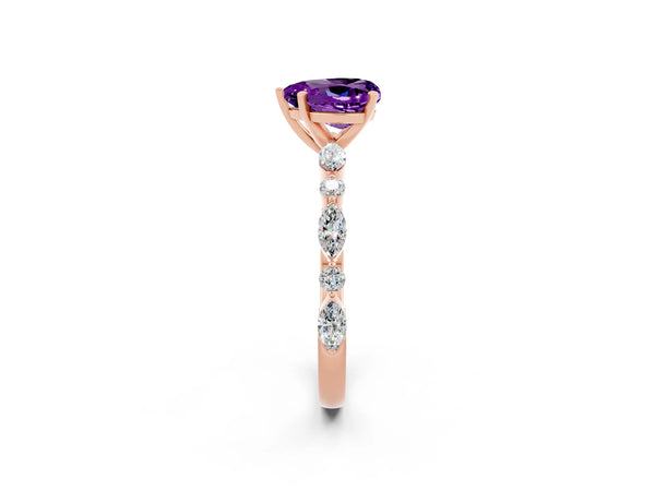 Rose gold Heart Cut Amethyst Ring with Marquise and Round  Side Stones and Four-Prong Setting