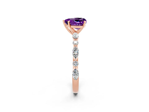 Rose gold Heart Cut Amethyst Solitaire with Side Stones on a Pavé Band and Four-Prong Setting_2