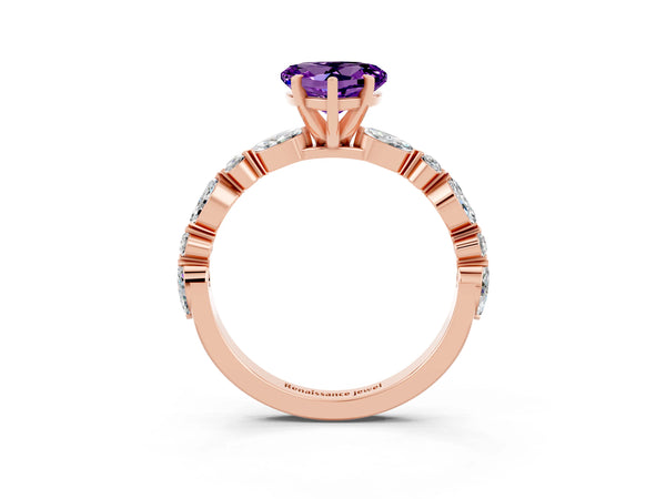 Rose gold Heart Cut Amethyst Ring with Marquise and Round  Side Stones and Four-Prong Setting