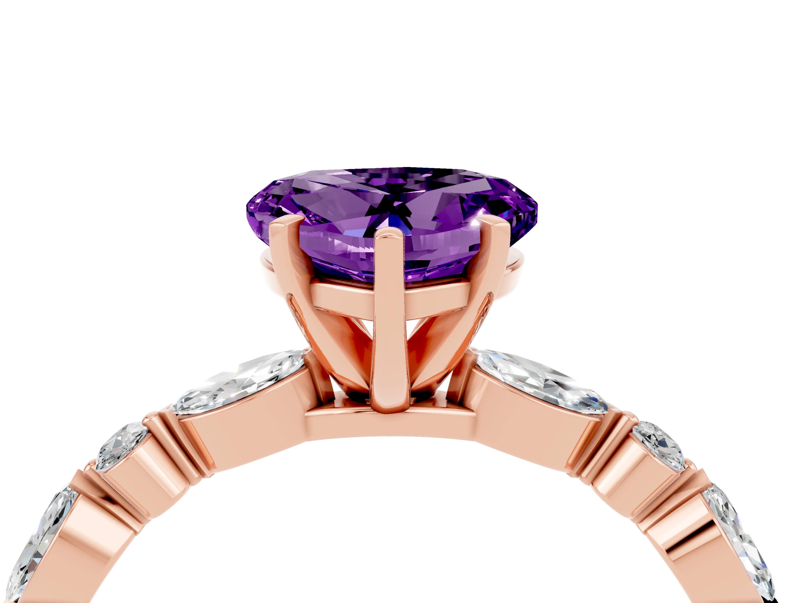 Rose gold Heart Cut Amethyst Solitaire with Side Stones on a Pavé Band and Four-Prong Setting_4