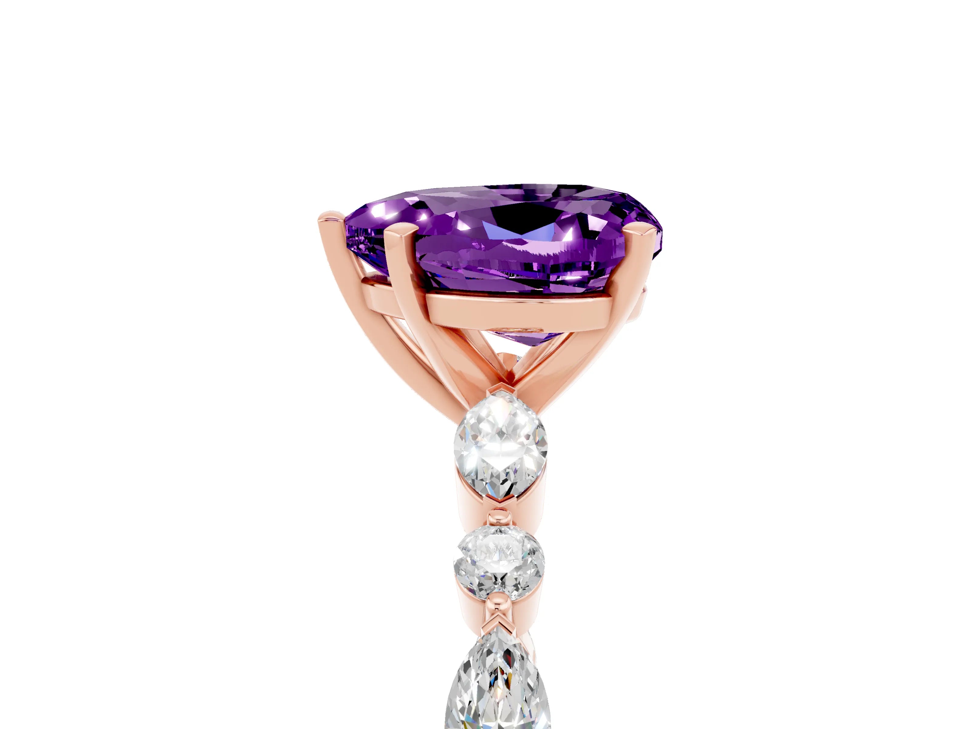 Rose gold Heart Cut Amethyst Solitaire with Side Stones on a Pavé Band and Four-Prong Setting_5