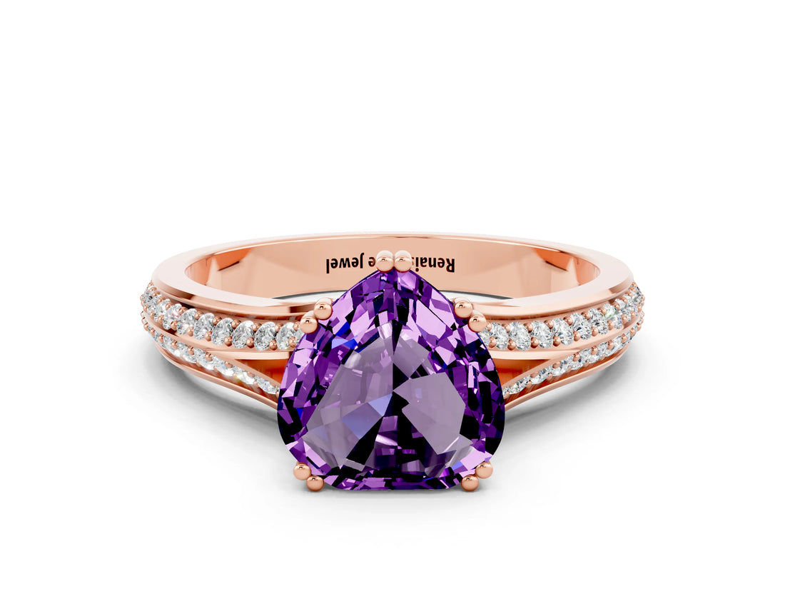 Rose gold Heart Cut Amethyst Split Shank Engagement Ring with Pavé Band