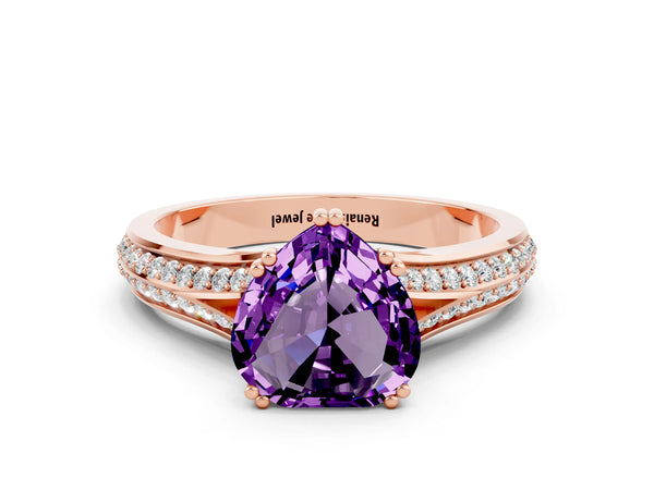 Rose gold Heart Cut Amethyst Split Shank Engagement Ring with Pavé Band