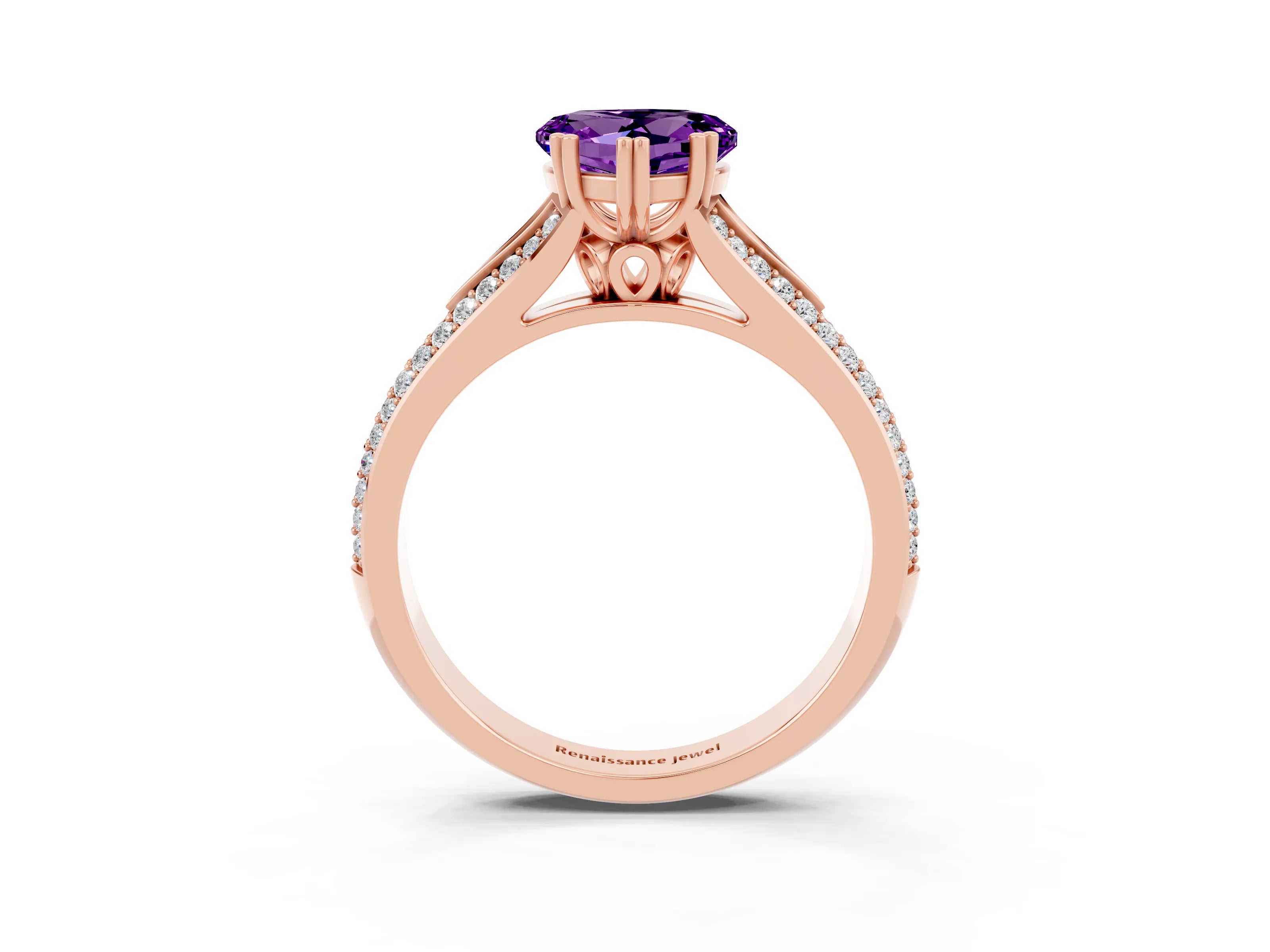 Rose gold Heart Cut Amethyst Split Shank Engagement Ring with Pavé Band_3