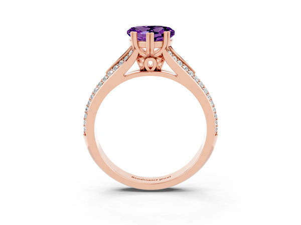 Rose gold Heart Cut Amethyst Split Shank Engagement Ring with Pavé Band