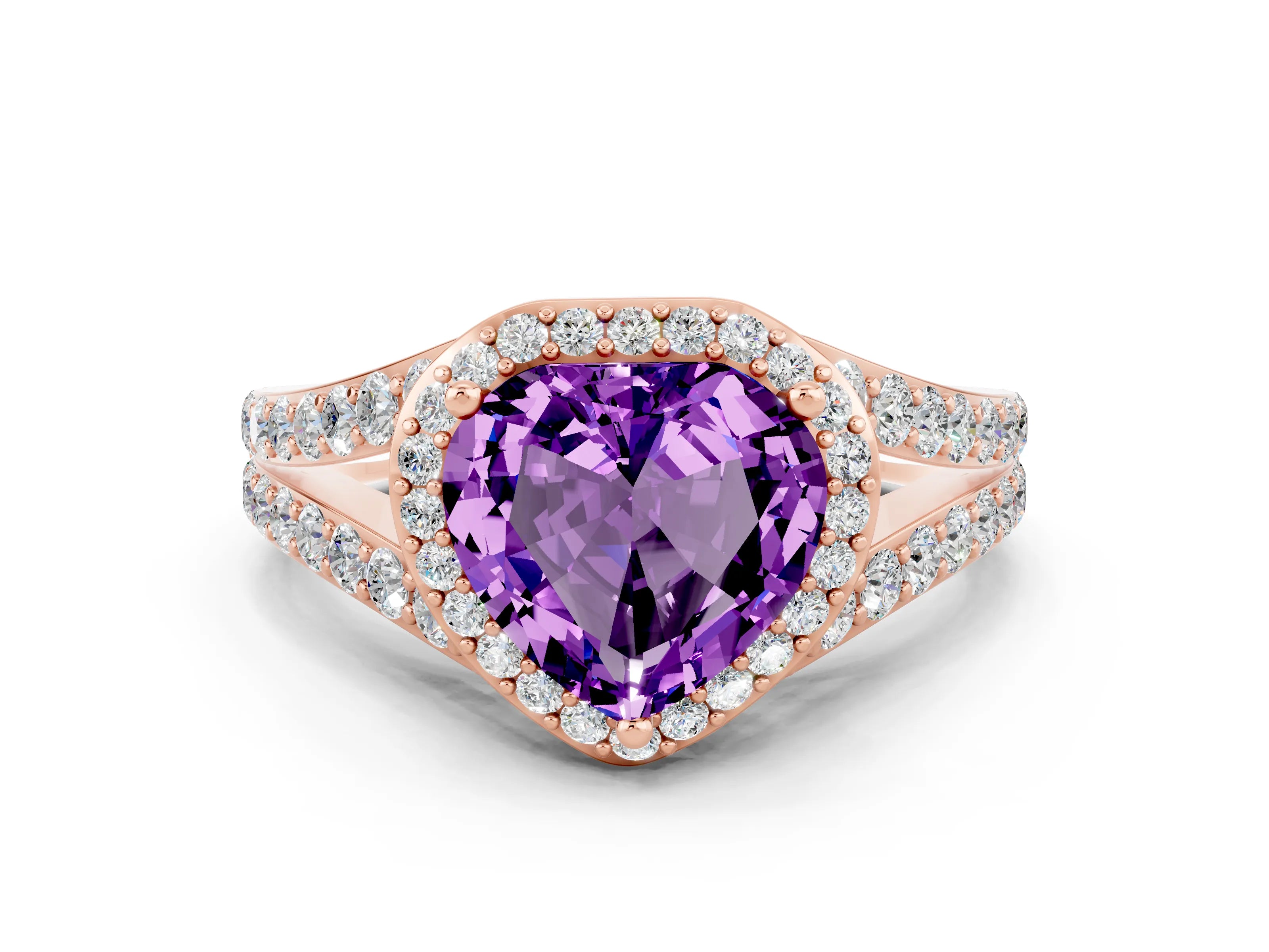 Rose gold Heart Cut Amethyst Split Shank Halo Ring with Four-Prong Setting_12