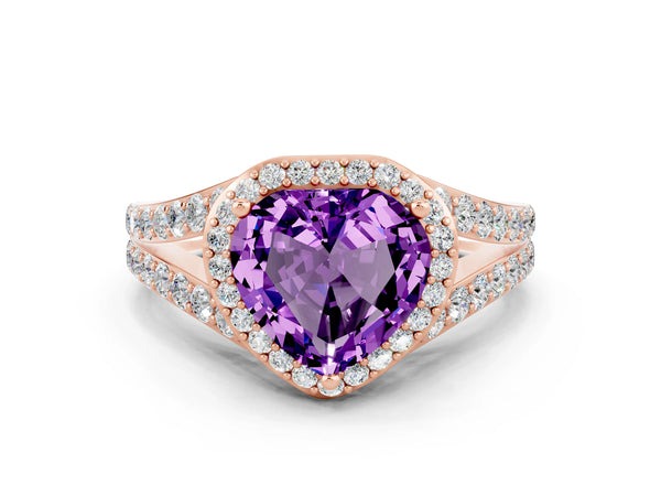 Rose gold Heart Cut Amethyst Split Shank Halo Ring with Four-Prong Setting