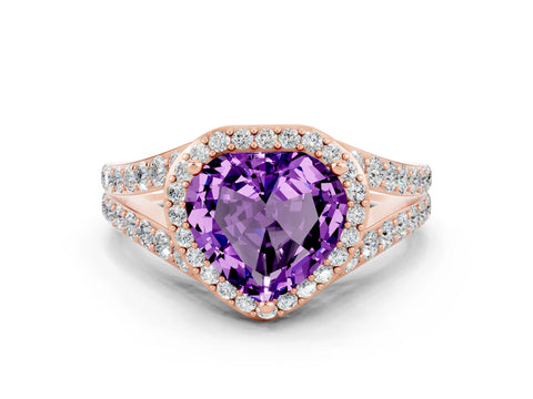 Rose gold Heart Cut Amethyst Split Shank Halo Ring with Four-Prong Setting_12