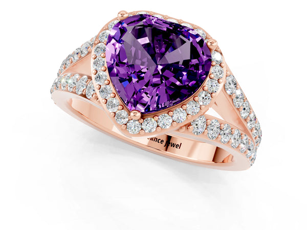 Rose gold Heart Cut Amethyst Split Shank Halo Ring with Four-Prong Setting
