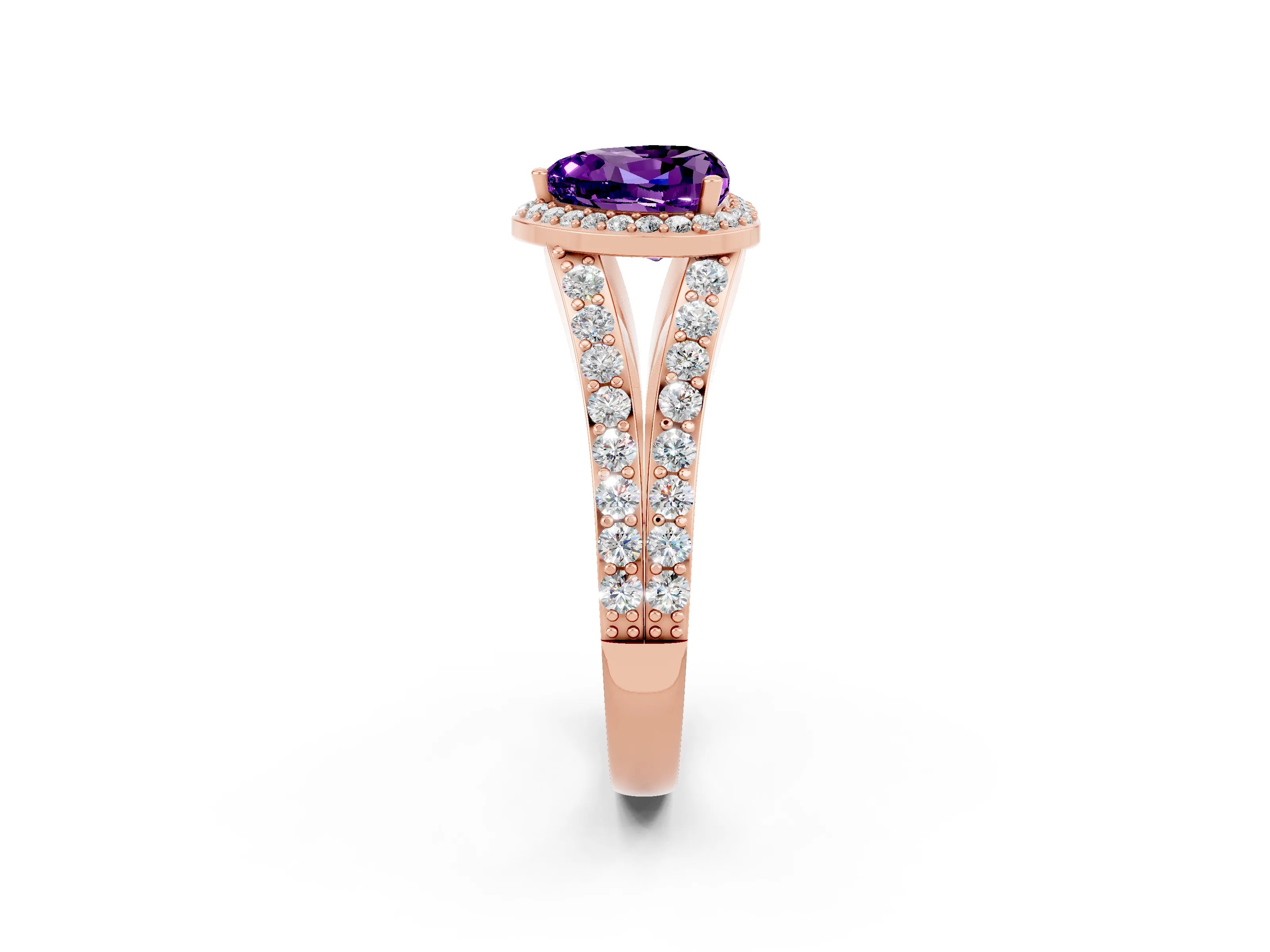 Rose gold Heart Cut Amethyst Split Shank Halo Ring with Four-Prong Setting_14