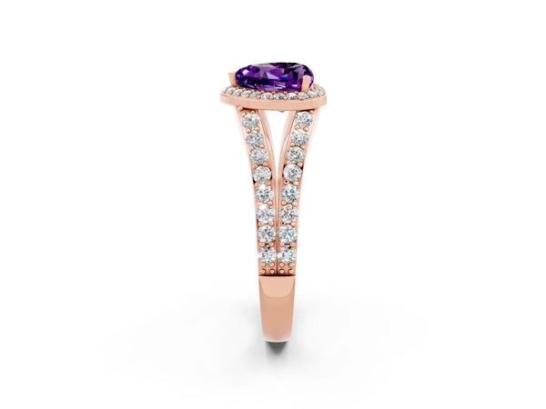 Rose gold Heart Cut Amethyst Split Shank Halo Ring with Four-Prong Setting