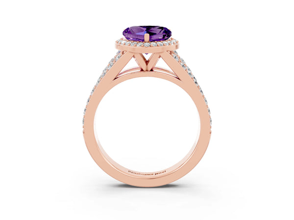 Rose gold Heart Cut Amethyst Split Shank Halo Ring with Four-Prong Setting