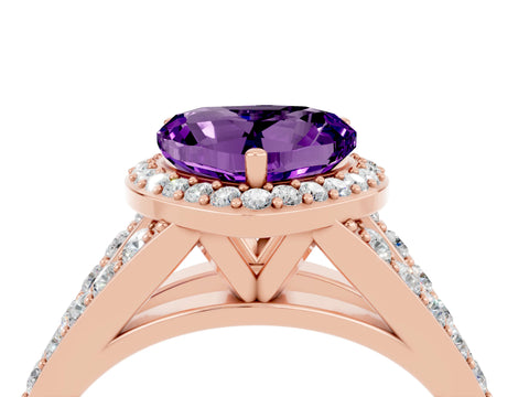 Rose gold Heart Cut Amethyst Split Shank Halo Ring with Four-Prong Setting_16