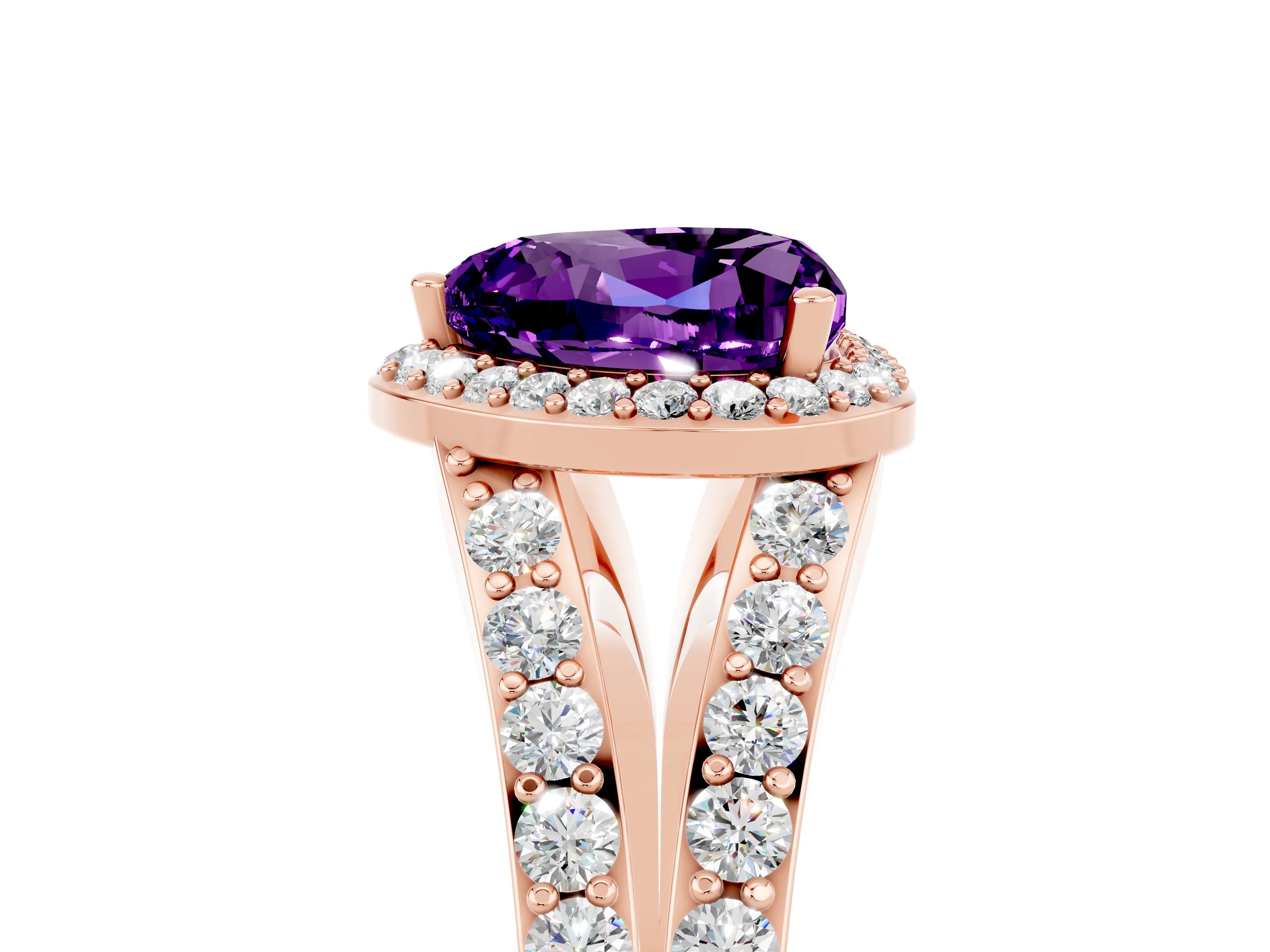 Rose gold Heart Cut Amethyst Split Shank Halo Ring with Four-Prong Setting_17