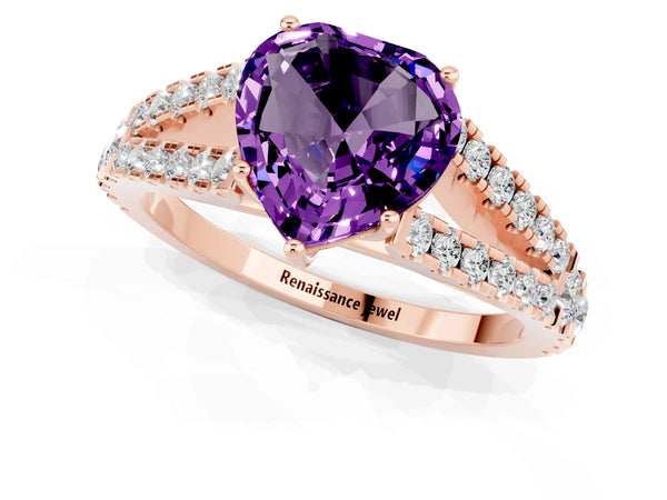 Rose gold Heart Cut Amethyst Split Shank Pavé Engagement Ring with Four-Prong Setting