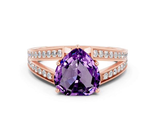 Rose gold Heart Cut Amethyst Split Shank Ring with Pavé Band and Four-Prong Setting