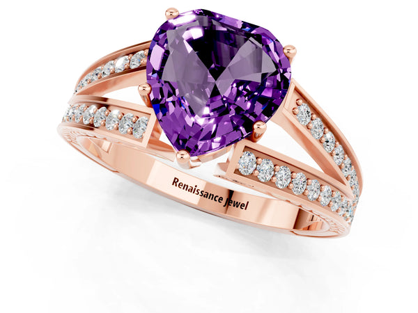 Rose gold Heart Cut Amethyst Split Shank Ring with Pavé Band and Four-Prong Setting