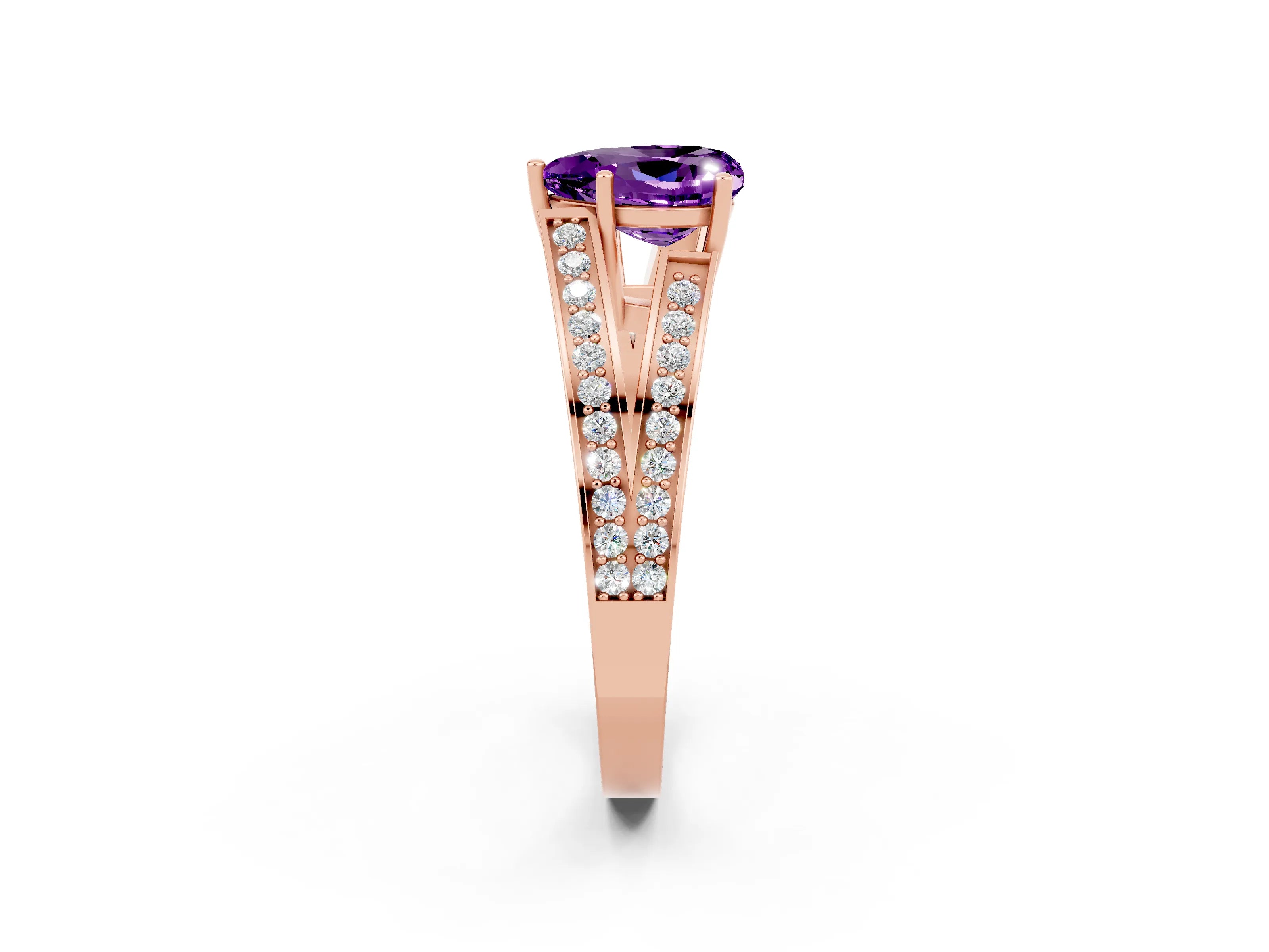 Rose gold Heart Cut Amethyst Split Shank Ring with Pavé Band and Four-Prong Setting_2