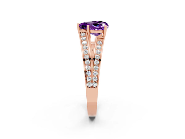 Rose gold Heart Cut Amethyst Split Shank Ring with Pavé Band and Four-Prong Setting