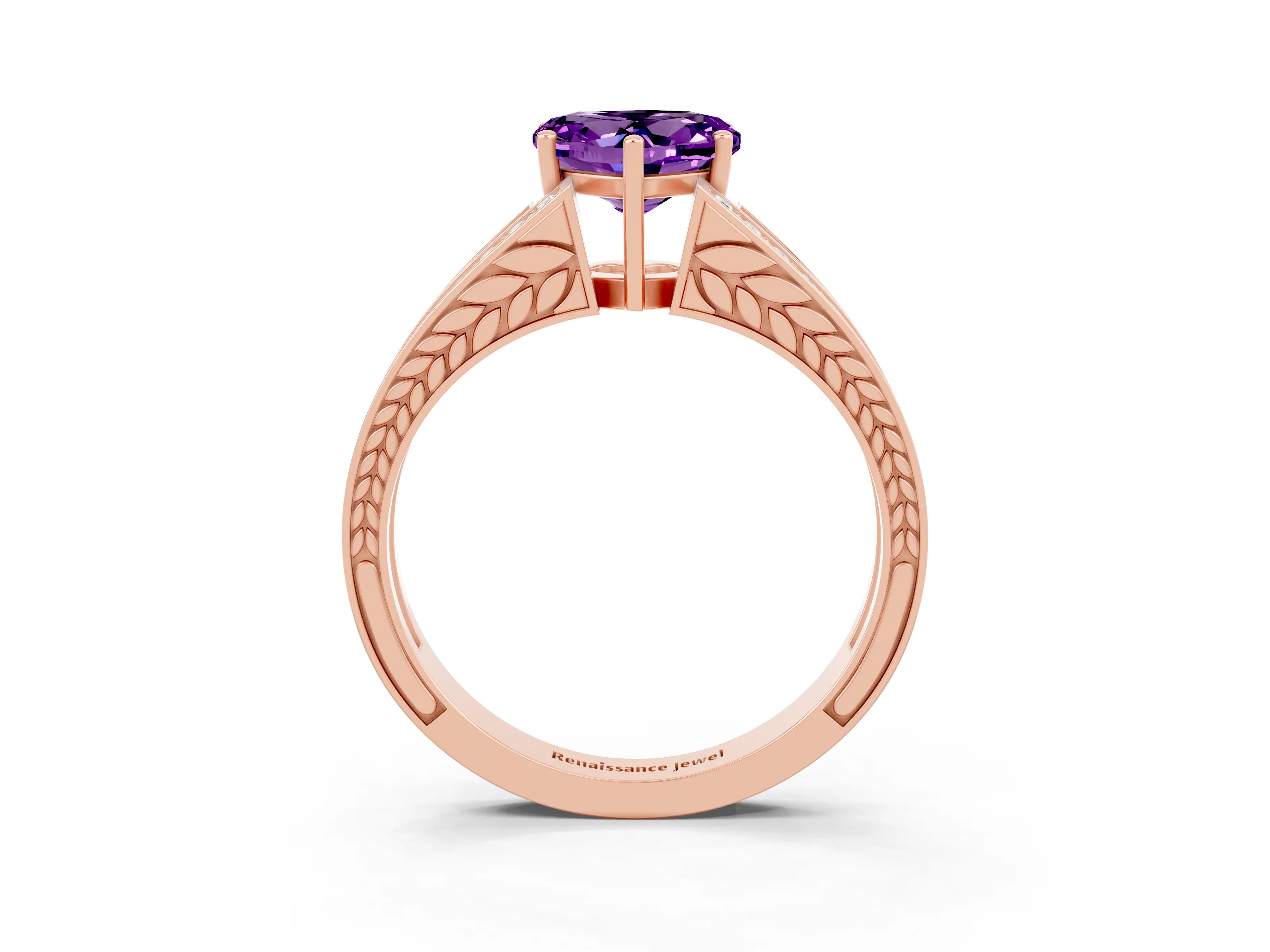 Rose gold Heart Cut Amethyst Split Shank Ring with Pavé Band and Four-Prong Setting_3