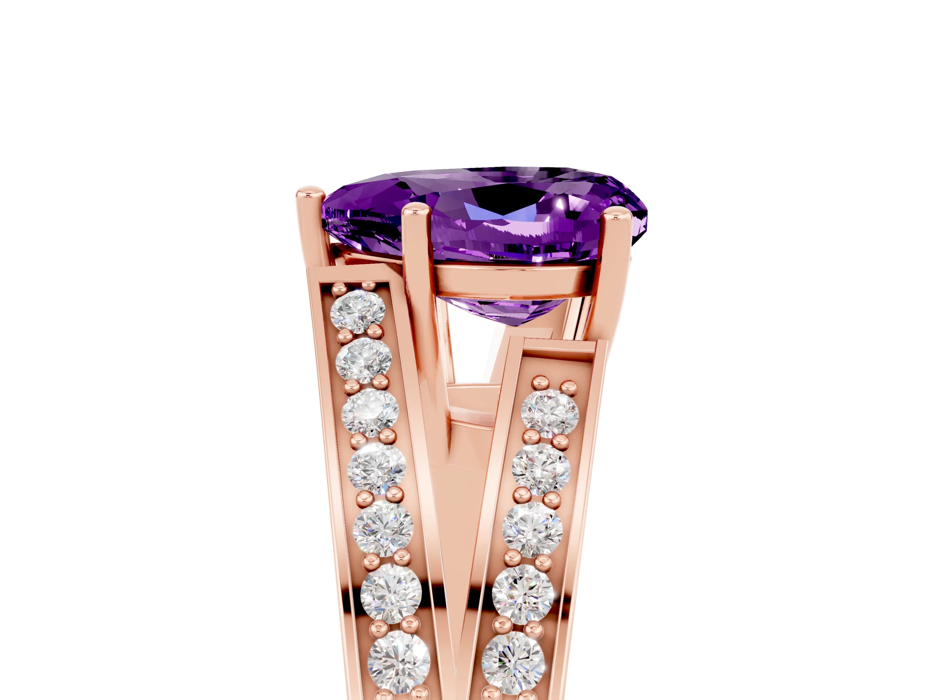 Rose gold Heart Cut Amethyst Split Shank Ring with Pavé Band and Four-Prong Setting_5