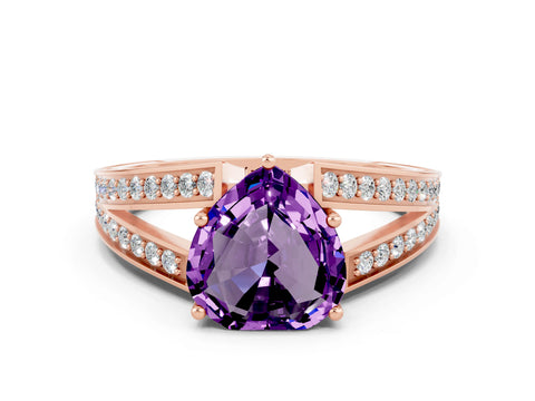 Rose gold Heart Cut Amethyst Split Shank Ring with Pavé Band and Four-Prong Setting