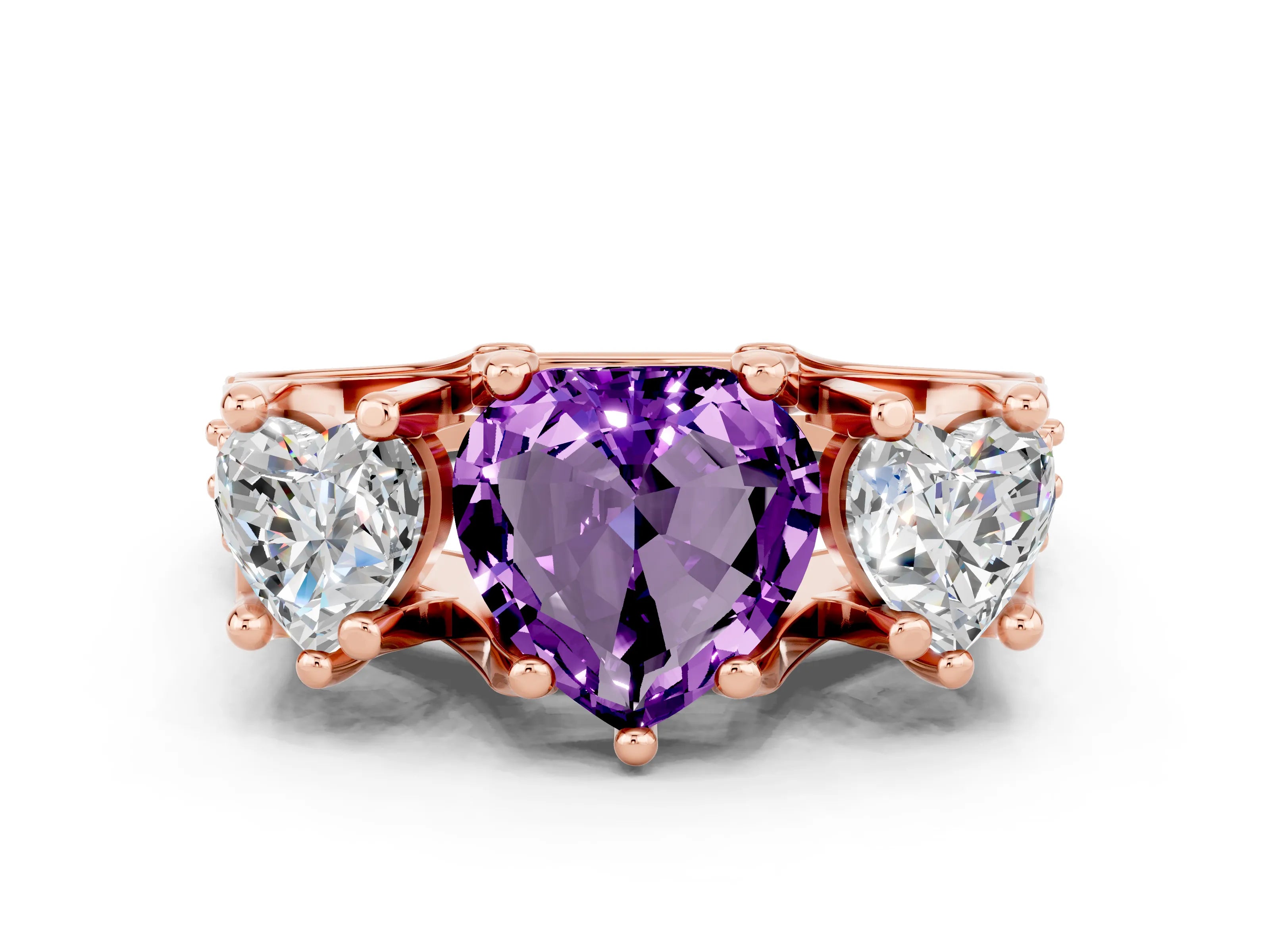 Rose gold Heart Cut Amethyst Three-Stone Ring with Channel Set Band and Four-Prong Setting