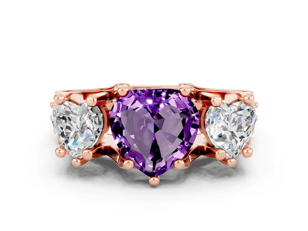 Rose gold Heart Cut Amethyst Three-Stone Ring with Channel Set Band and Four-Prong Setting