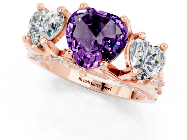 Rose gold Heart Cut Amethyst Three-Stone Ring with Channel Set Band and Four-Prong Setting